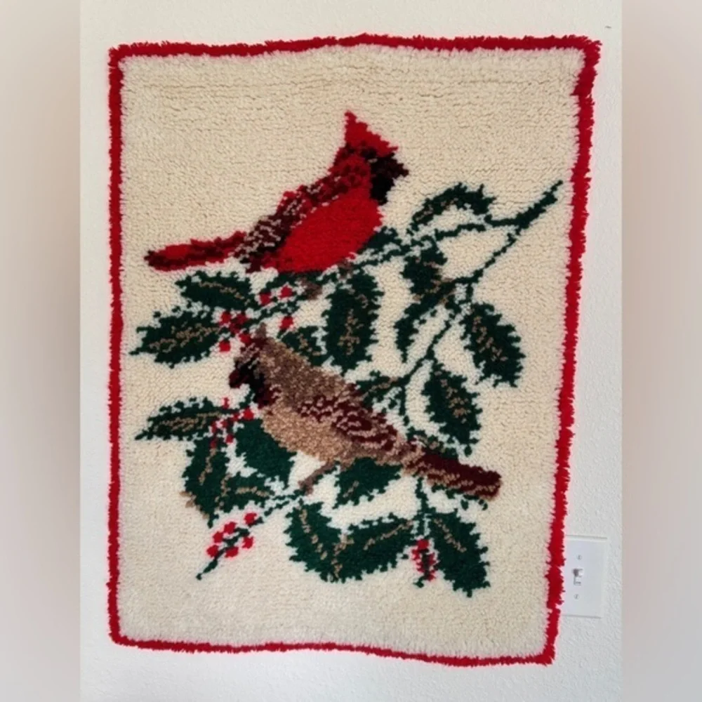 Vintage Cardinal‎ Hollyberry Latch Hook Wall Hanging Handmade Holiday